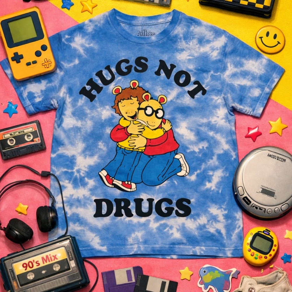 Arthur hugs not drugs vintage graphic tee 90’s style Arthur and d.w hugs Y2K